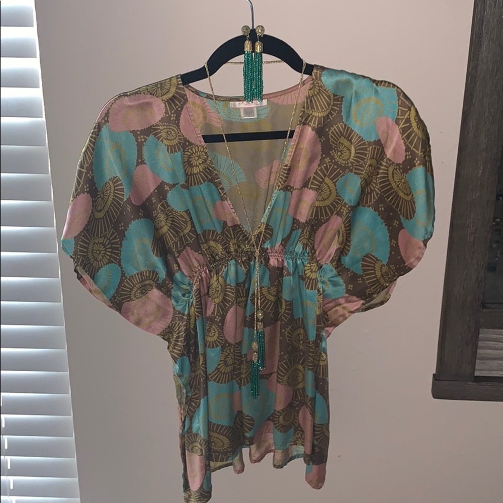 Lux 100% Silk Spring Summer Pink Aqua Blouse